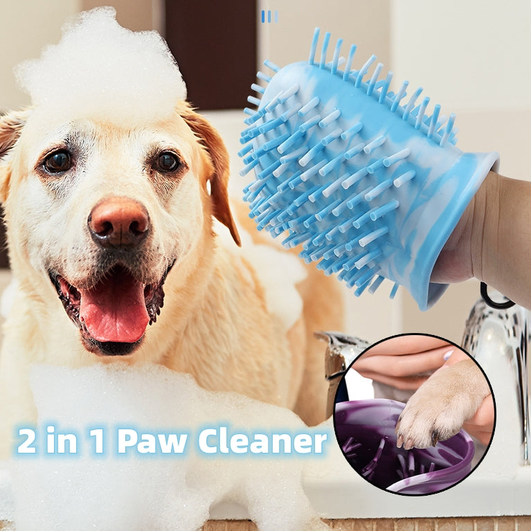 Dog's paw being cleaned inside the PawPure silicone cup