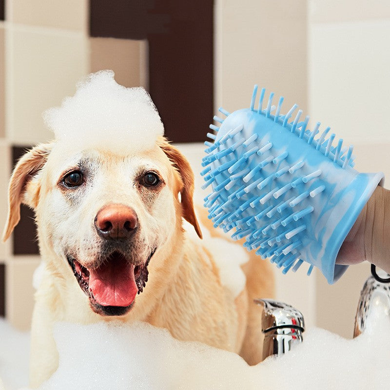 Happy dog beside the PawPure 2-in-1 silicone paw cleaner cup